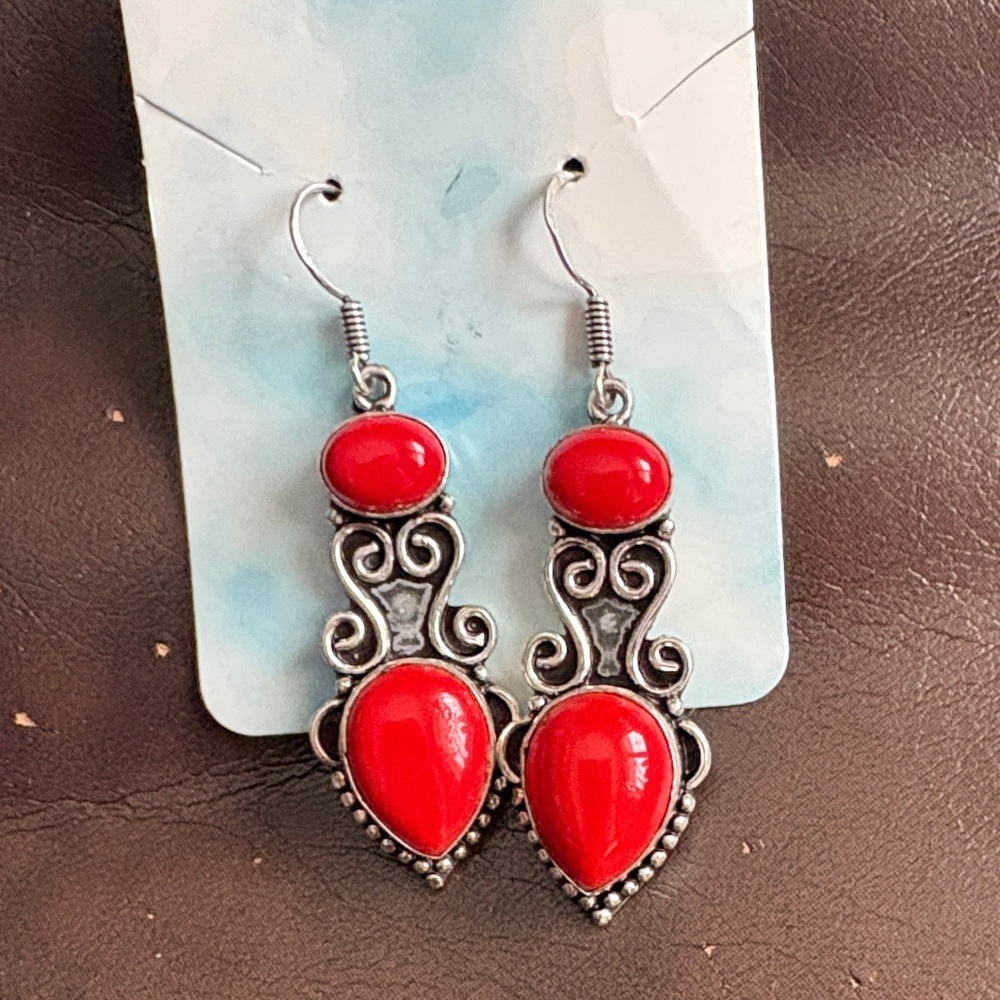 Genuine Coral in silver earrings .925